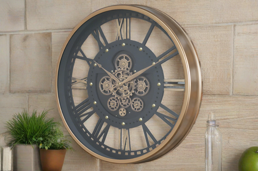 Hudson Cog Wall Clock, Black & Gold Metal, Glass, 60cm