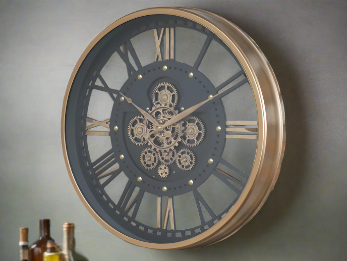 Hudson Cog Wall Clock, Black & Gold Metal, Glass, 60cm