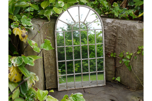 Indoor / Outdoor Aged Metal Arch Window Garden Mirror - Decor Interiors