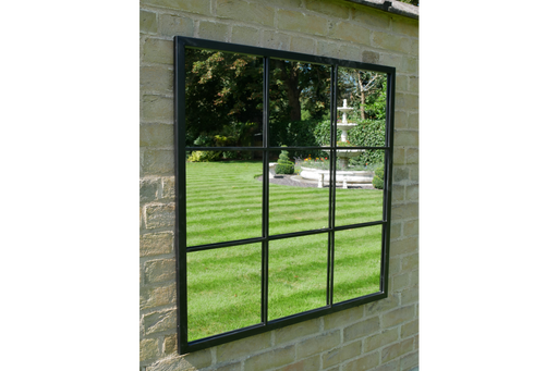 Indoor / Outdoor Square Black Metal Window Garden Mirror - 90 x 90 cm - Decor Interiors