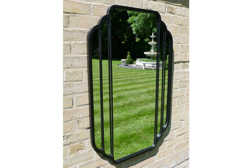 Indoor / Outdoor Black Metal Arched Garden Mirror - 105 x 71cm - Decor Interiors