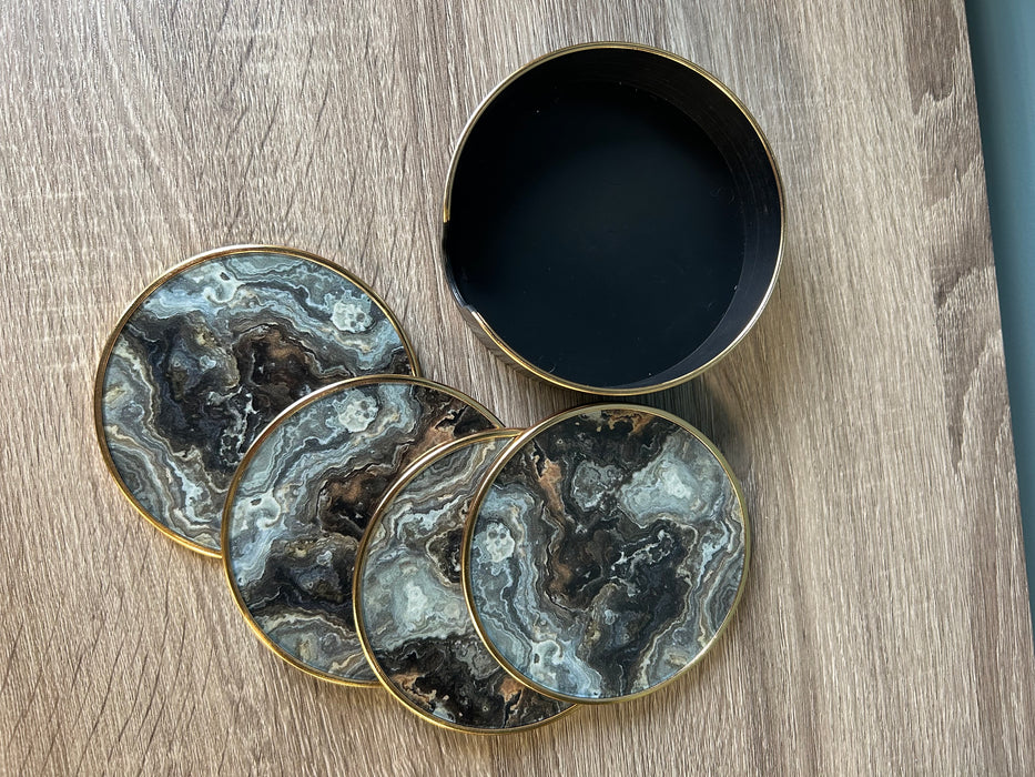 Drinks Coasters With Black & Gold Marble Effect - Set of 4
