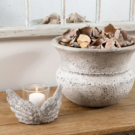 Dallas Candle Holders, Grey Cement Winged, Glass Votive 