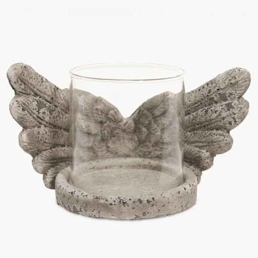 Dallas Candle Holders, Grey Cement Winged, Glass Votive 