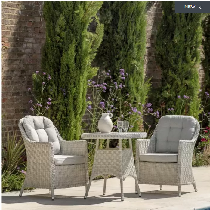 Shelby Garden Furniture Bistro Set, Stone, Rattan, Light Grey Cushions (Due back In 26/05/24)
