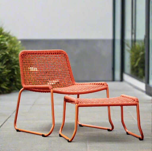 Crofton Lounge Chair & Footstool, Orange Woven Rope & Metal