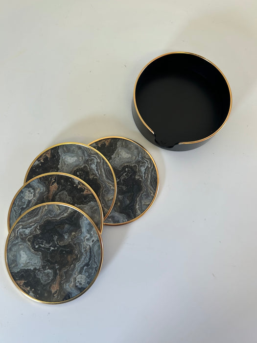Drinks Coasters With Black & Gold Marble Effect - Set of 4