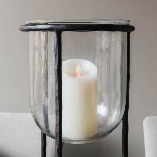 Dallas Large Candles holders, Black Iron, Clear Glass, Rounded Hurricane