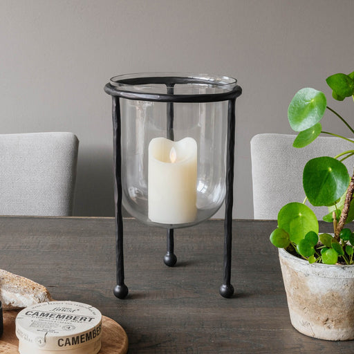 Berkeley Small Candle Holders, Black Iron, Glass, Rounded Hurricane