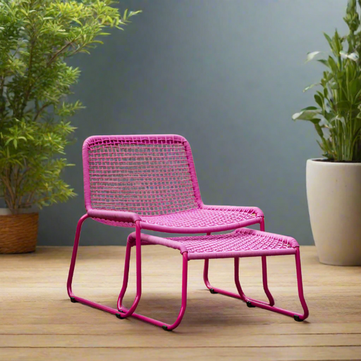 Crofton Garden Lounge Chair & Footstool, Pink Woven Rope & Metal