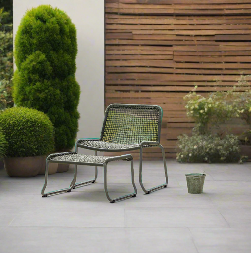 Crofton Garden Lounge Chair & Footstool, Green Woven Rope & Metal 