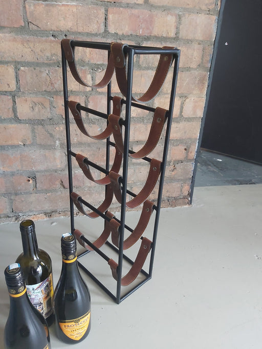 Wine Bottle Rack, Brown Leather Sling, Black Rectangle Metal Frame, Free Standing