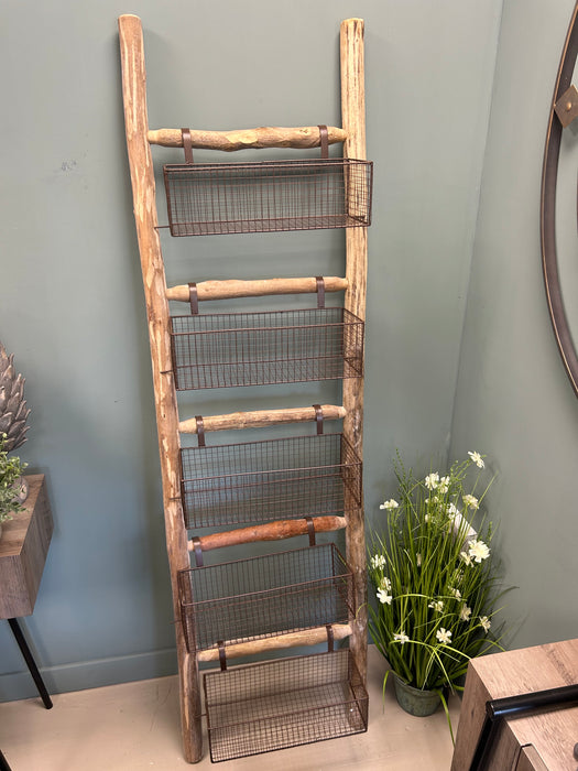 Rustic Rectangular Floor Shelf, 5 Wire Storage Baskets, Natural Wooden Frame