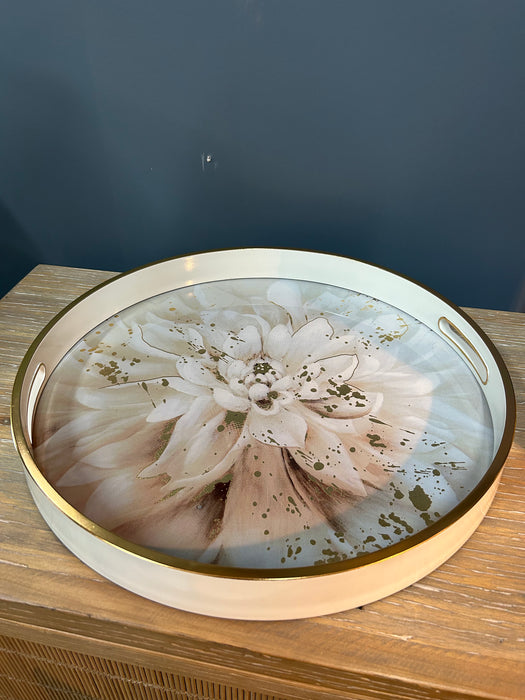 White & Gold Decorative Tray, Round, Flower Design