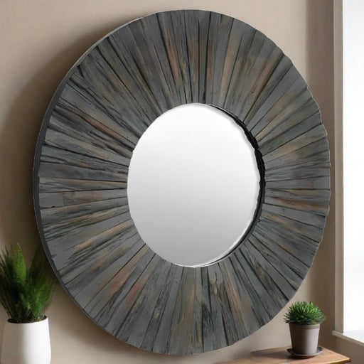 Dia Wooden Wall Mirror, Round, Natural Texture