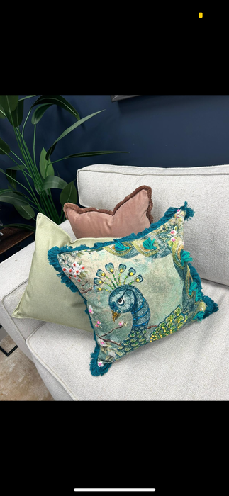 Stylized Tausi Peacock Cotton Cushion with Ornamental Embellishment in Teal - 45 x 45 cm