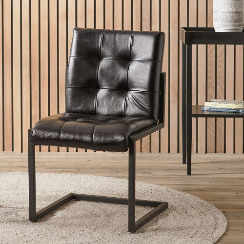 Dark Grey Leather Dining Chair With Black Metal legs