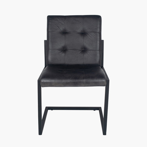 Dark Grey Leather Dining Chair With Black Metal legs