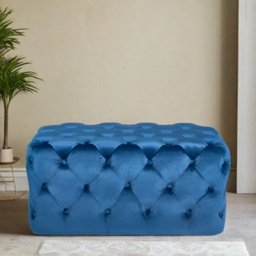 Langham Indoor Bench, Sapphire Blue Buttoned Tufted Velvet