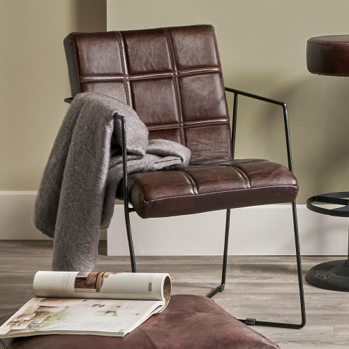 Milton Dining Chair In Brown Leather & Black Metal