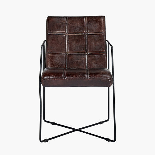 Milton Dining Chair In Brown Leather & Black Metal