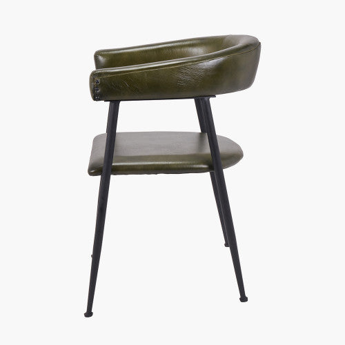 Chiswick Curved Dining Chair In Sage Green Leather & Metal Legs