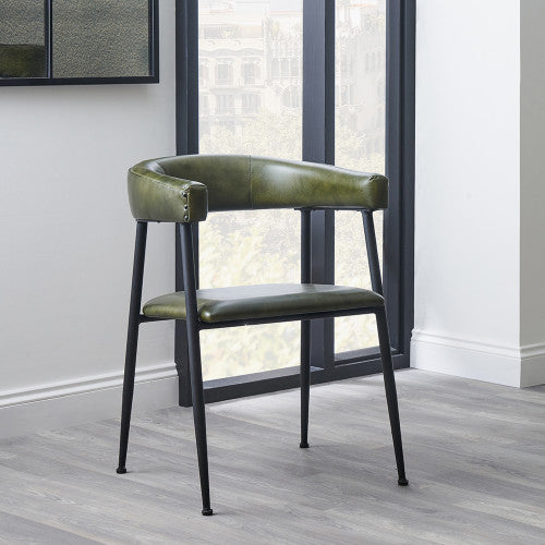 Chiswick Curved Dining Chair In Sage Green Leather & Metal Legs