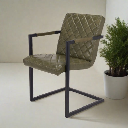 Juliette Sage Green Leather and Iron Arm Chair