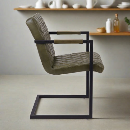 Juliette Sage Green Leather and Iron Arm Chair