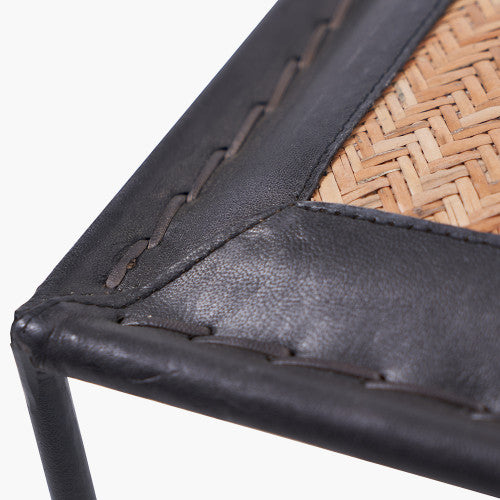 Anneliese Black Leather, Woven Rattan and Iron Stool