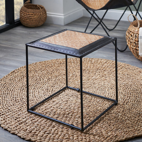 Anneliese Black Leather, Woven Rattan and Iron Stool