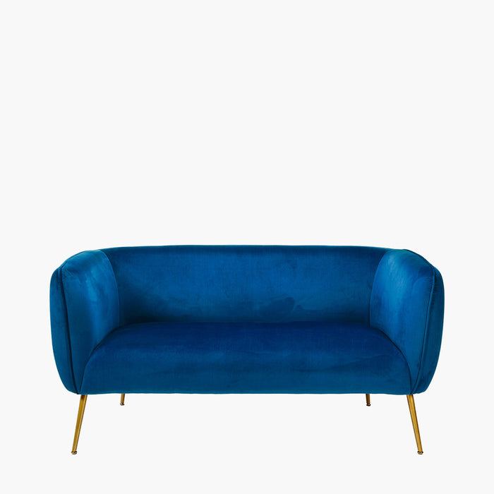 Clayton 2 Seater Sofa, Sapphire Blue Velvet, Gold / Black Metal Legs