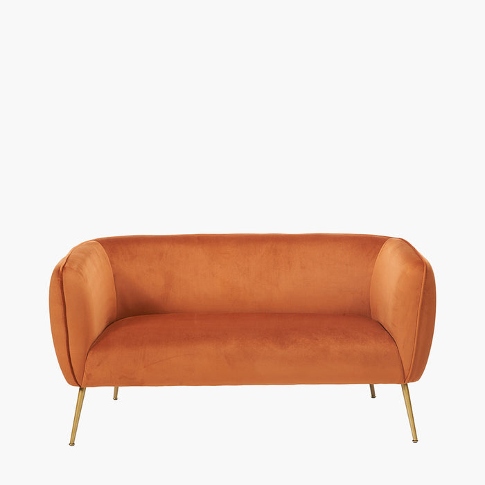 Clayton 2 Seater Sofa, Burnt Orange Velvet, Gold / Black Metal Legs