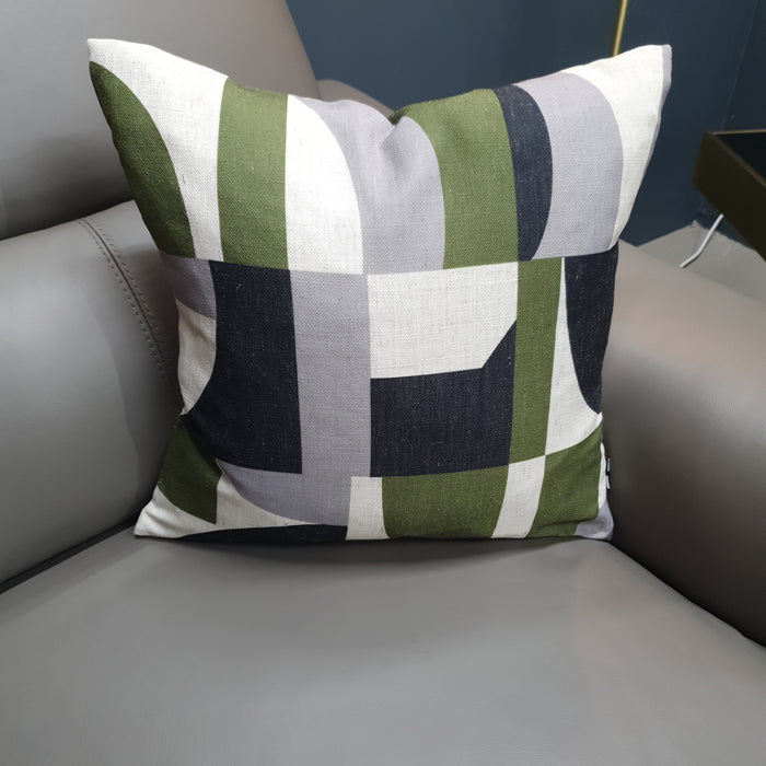 Geometric Olive Print Faux-Linen Cushion with Velvety Reverse - 45 x 45cm