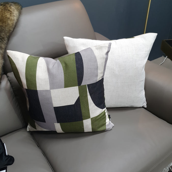 Geometric Olive Print Faux-Linen Cushion with Velvety Reverse - 45 x 45cm