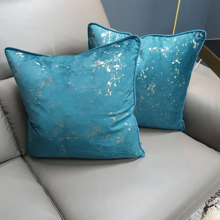 Sumptuous Shimmer Velvet Teal Cushion with Gold Daubing Foil Print - 45 x 45