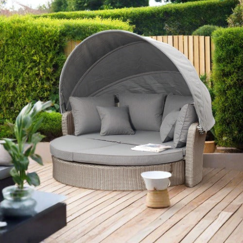  St Ives Day Bed, Natural Rattan, Grey Upholstery