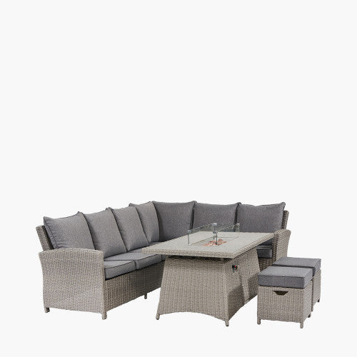 Langham Garden Furniture Corner Lounge Set, Grey Rattan, Fire Pit Table, Left Long