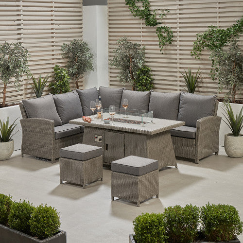 Langham garden Furniture Corner Lounge Set, Grey Rattan, Fire Pit Table
