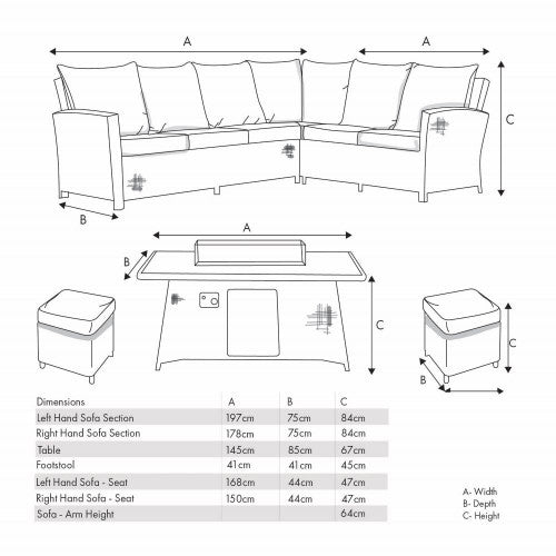 Langham Garden Furniture Corner Lounge Set, Grey Rattan, Fire Pit Table, Left Long