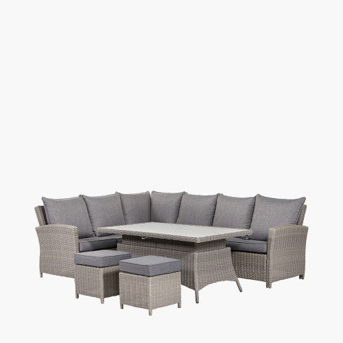 Langham Garden Furniture Corner Lounge / Dining Set, Natural Rattan, Grey Cushions, Long Right