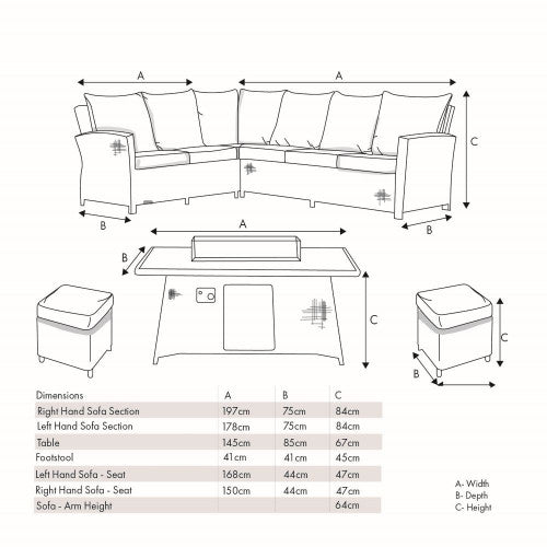Langham Garden Furniture Corner Lounge / Dining Set, Grey Rattan, Fire Pit Table, Right Side