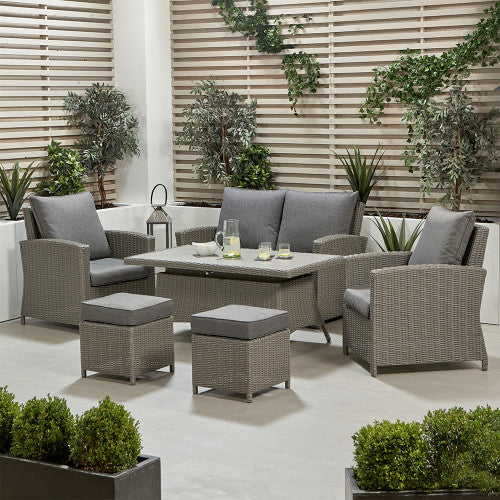 Meridan Garden Furniture Lounge / Dining Set, Grey Rattan, Grey Cushions, Ceramic Tabletop