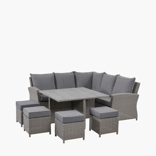 Langham Garden Furniture Corner Lounge / Dining Set, Square, Natural Rattan, Grey Cushions