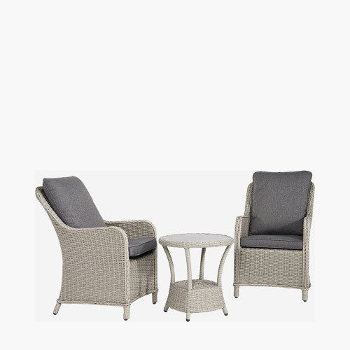 Wilton Garden Furniture Bistro Set, Stone Rattan, Grey Cushions, 3 Piece