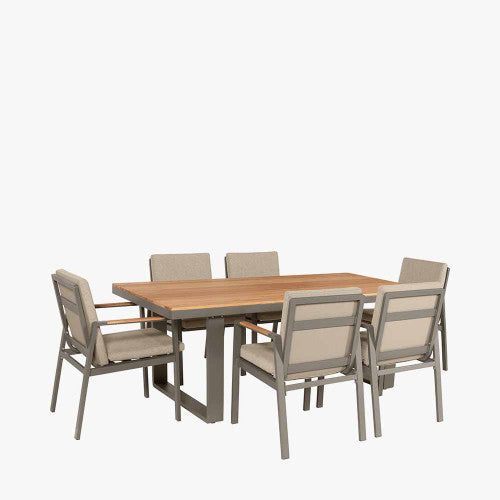 Smithfield Garden Furniture Dining Set, 6 Seater, Grey Metal, Natural Wood, Beige Cushions
