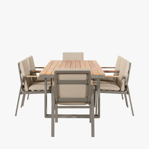 Smithfield Garden Furniture Dining Set, 6 Seater, Grey Metal, Natural Wood, Beige Cushions