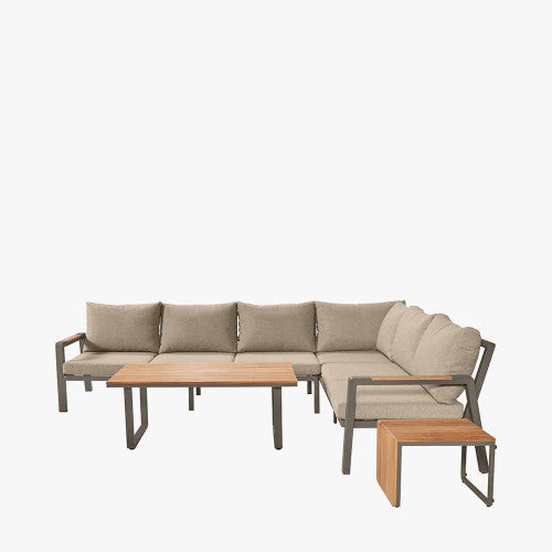 Smithfield Garden Furniture Lounge Corner Set, Grey Metal, Natural Wood