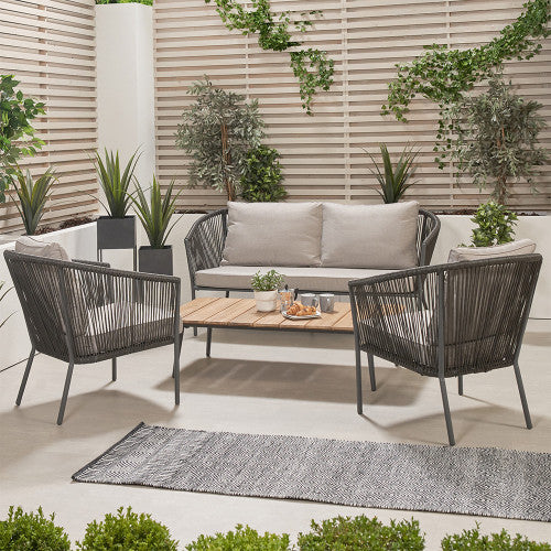 Santana Garden Furniture Lounge Set, Grey Metal & Rope, Grey Cushions