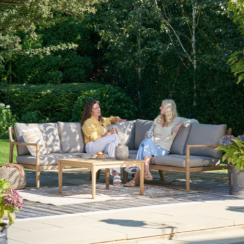 Shelby Garden Furniture Corner Lounge Set, Natural Wood, Grey Cushions